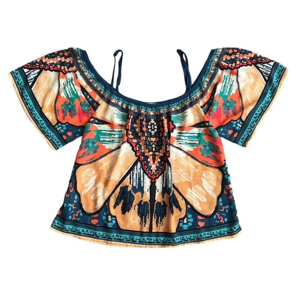 FLYING TOMATO Multicolor Geometric Print Loose Off Shoulder Top, Medium
